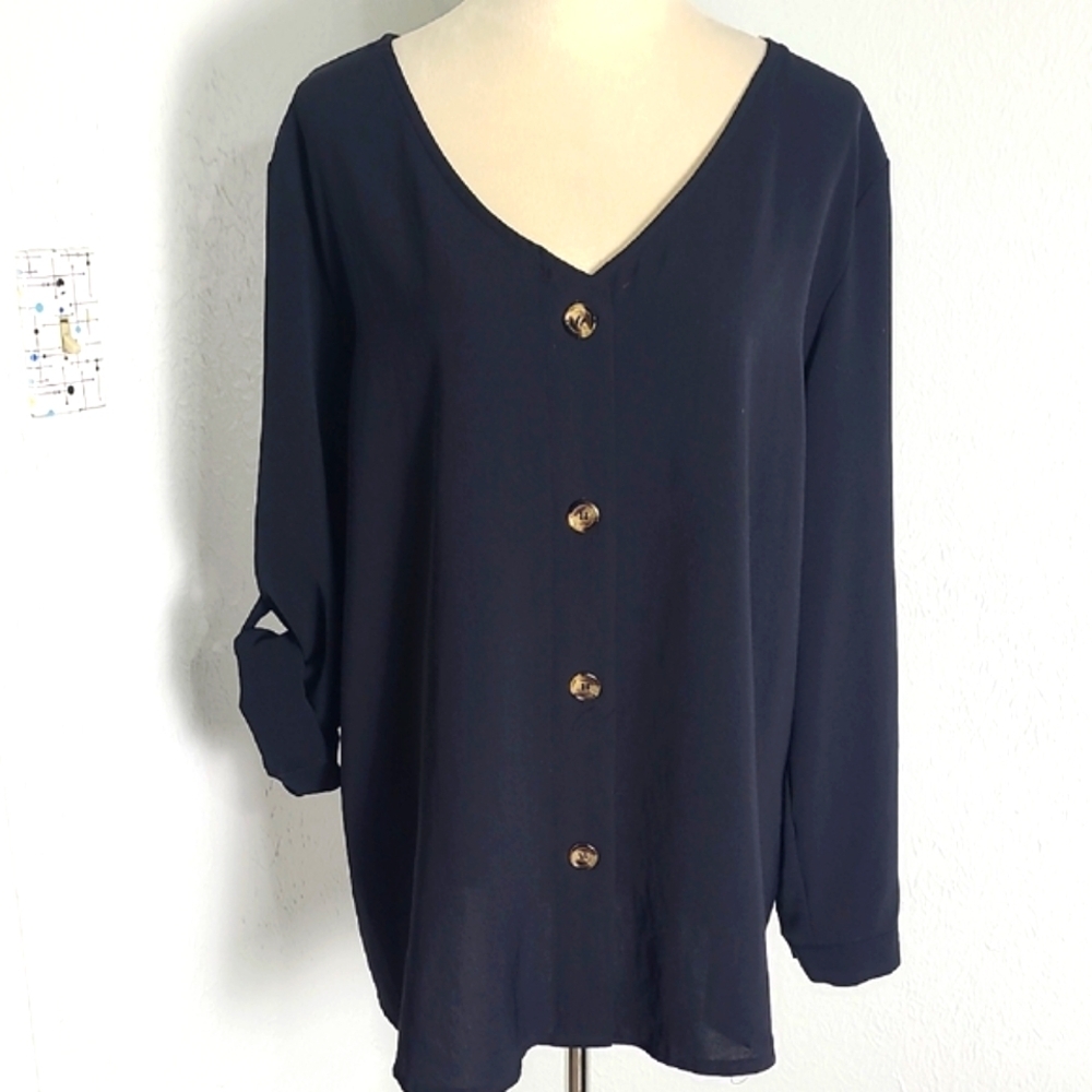 Black Button-down Top with Brown Buttons, Button-tab Sleeves or Longsleeve Sz 2X
